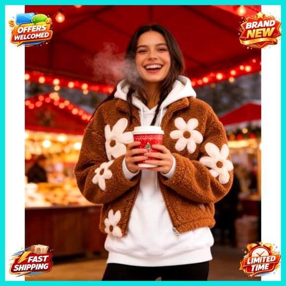 Oversized Sherpa Fleece Jacket Floral Print Zipper Cropped Coat Casual Long - Picture 3 of 7